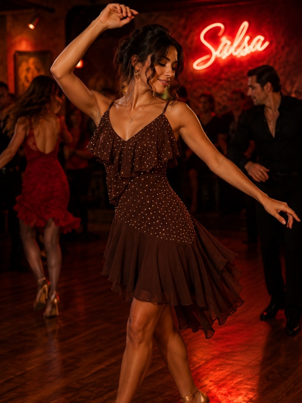 Y2K Mini Dress in Chocolate Brown with Gold Sparkle